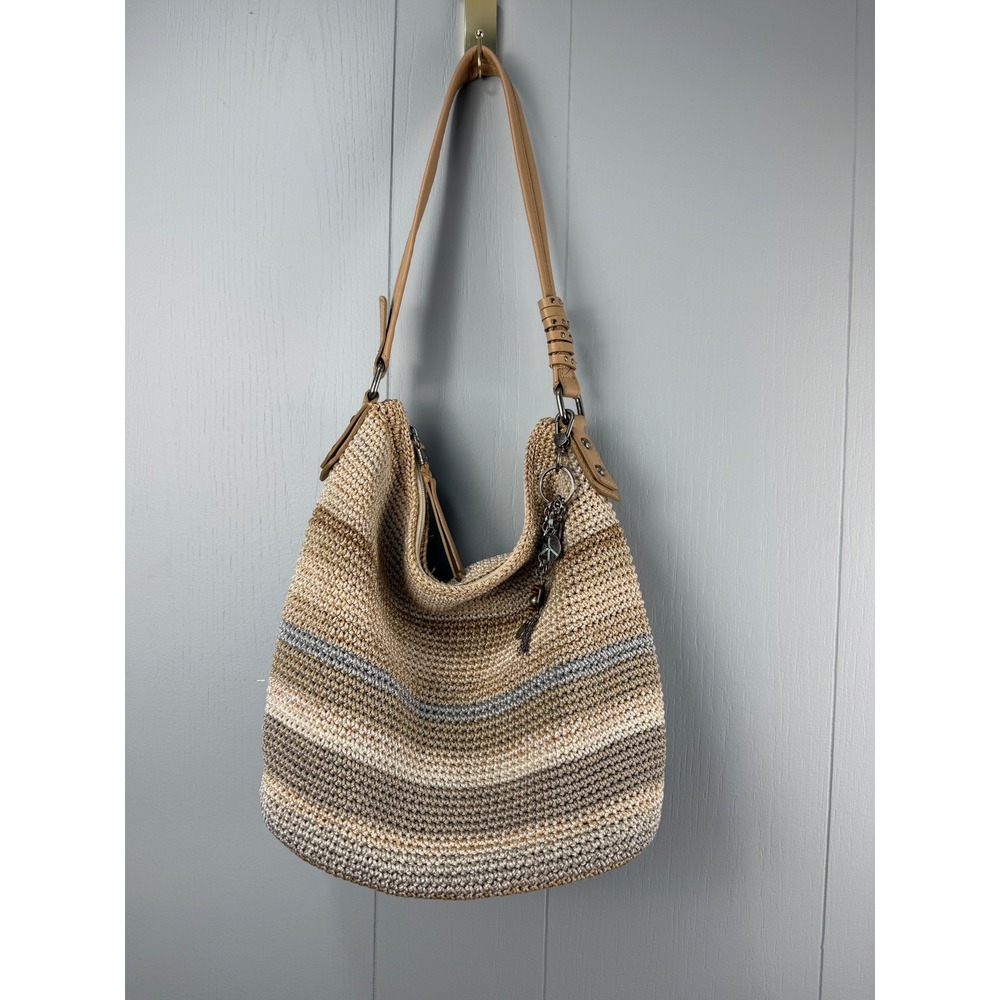 The Sak Crochet Hobo Bag Neutral Striped Boho Shoulder Purse Tan Beige Grey